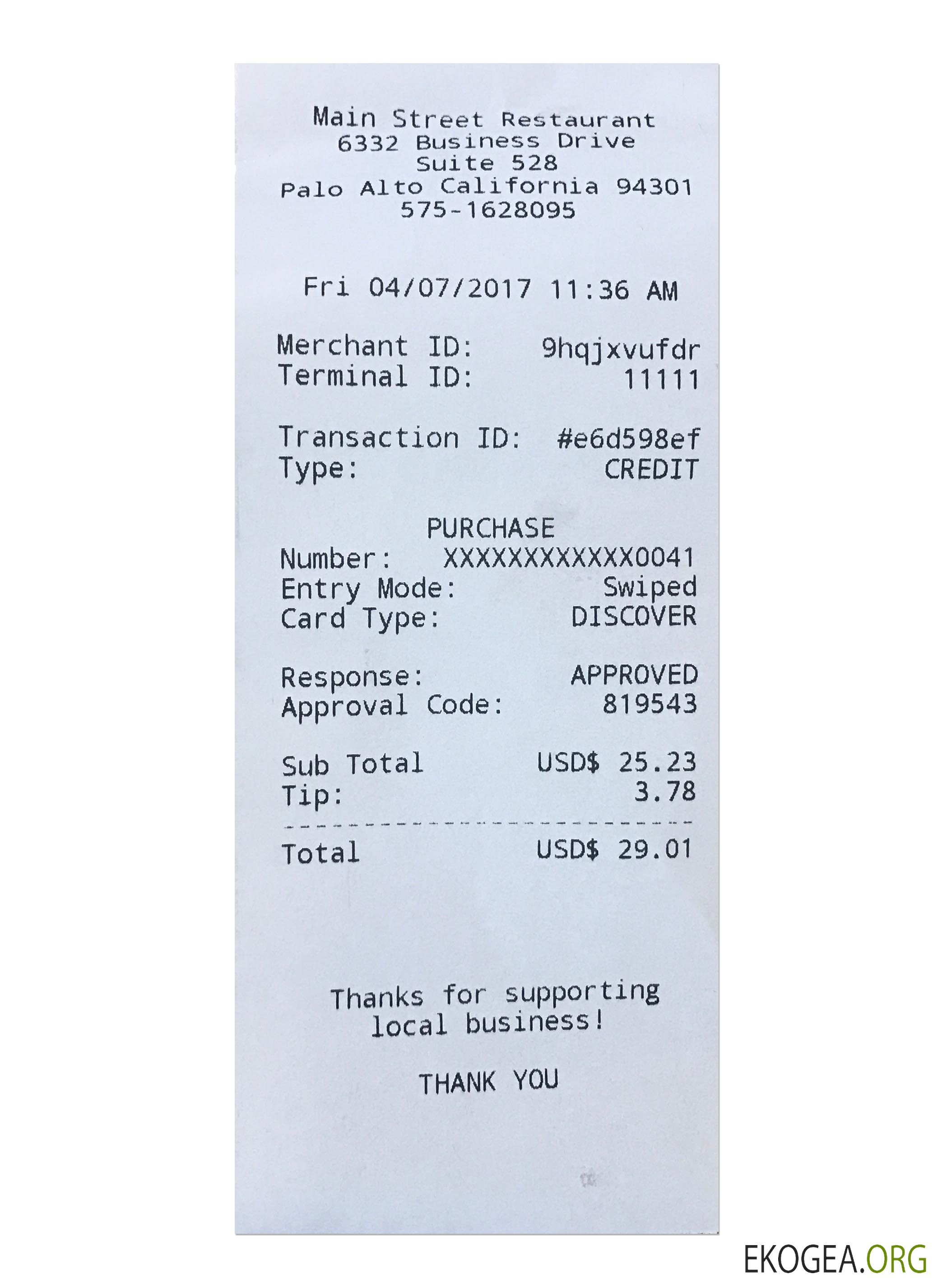 Chèque de paiement MAIN STREET RESTAURANT